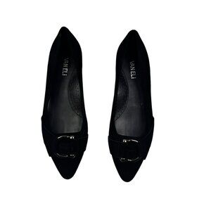 Vaneli Black Suede Slip On Flats/Loafers W/Metal Ring Detail Women's Size 8.5 N